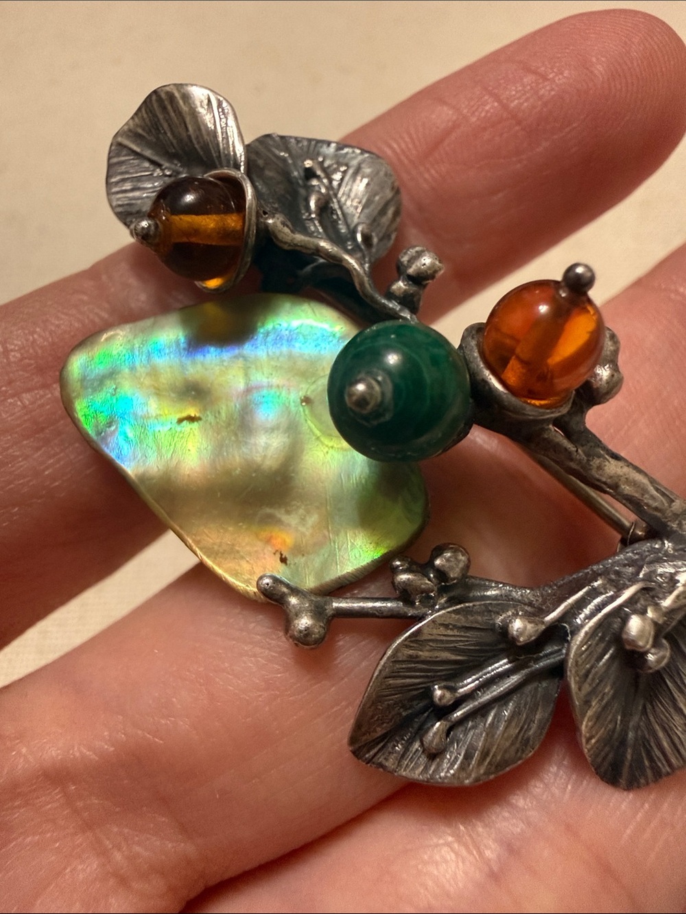 Sterling Silver Botanical Brooch W/Abalone & Accents of Amber & Malachite Stone - Picture 2 of 12